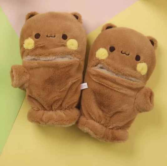 BuBu and DuDu cute magnetic attraction flip-gloves plush warm finger-revealing style official authorized