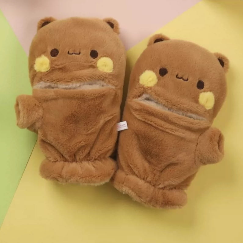BuBu and DuDu cute magnetic attraction flip-gloves plush warm finger-revealing style official authorized